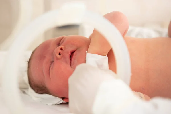 Newborn Baby Lies Boxes Hospital Child Incubator Neonatal Premature Intensive — Φωτογραφία Αρχείου