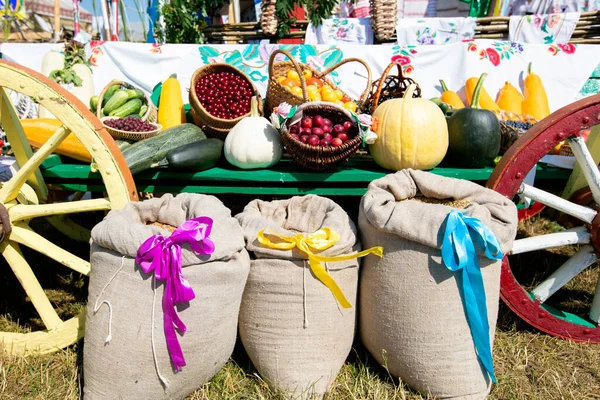Village fair of agricultural products. Rural market. Autumn harvest.