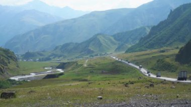 Yeşil dağ manzarası, çimen ağaçlarıyla kaplı eski toprak bir yol. Bitkilerle kaplı eski bir yolu olan güzel yeşil dağ manzarası..