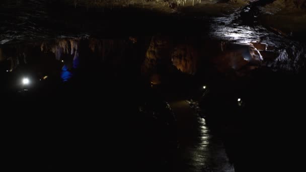 Beautiful View Underground Cave Illuminated Artificial Light — Stockvideo