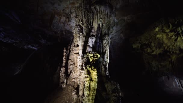 Beautiful View Underground Cave Illuminated Artificial Light — Stockvideo