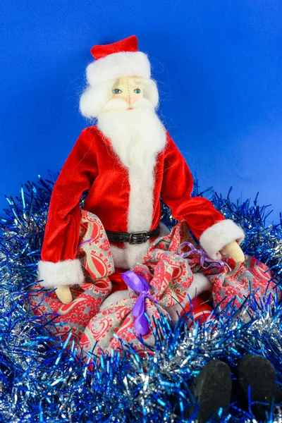 Père Noël Avec Des Sacs Cadeaux Sur Fond Bleu Noel — Photo