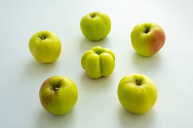 İlginç, sıra dışı, tuhaf elma. Sıradan elmalarla çevrili çirkin bir elma. Fotoğraf bireyselliği, liderliği, kişisel özellikleri, kendini kabulü simgeliyor. .