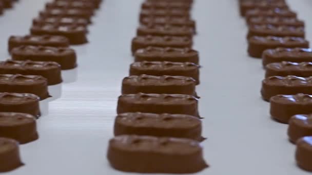 チョコレートバーを渡すとコンベア チョコレート工場 — ストック動画