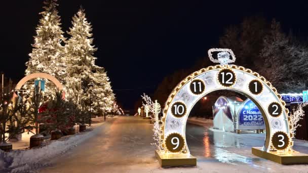 Ulyanovsk Rússia Janeiro 2022 Decorações Rua Natal Guirlandas Cintilantes Árvores — Vídeo de Stock