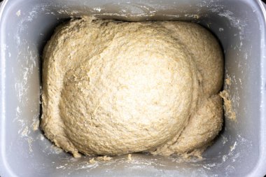 Ekmek makinesindeki yoğurma hamuru. Ekmek yapmak. Üst görünüm.