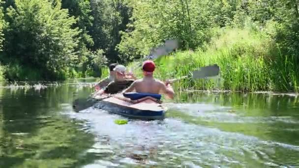 Group Three People Paddle Kayak Rafting Fast River Adventure Traveling — Stock Video