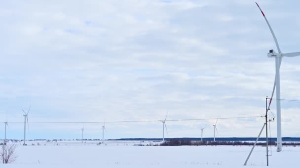 Turbinas Eólicas Frío Día Invierno Campo Cubierto Nieve Fuentes Energía — Vídeo de stock