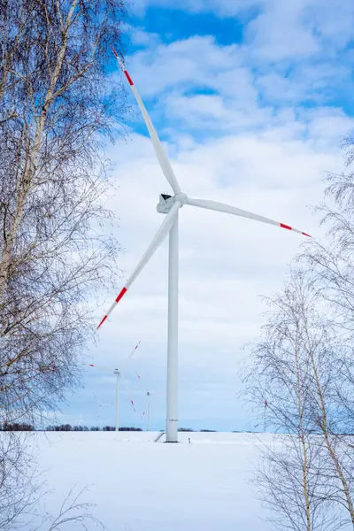 Turbiny Wiatrowe Mroźny Zimowy Dzień Śnieżnym Polu Alternatywne Źródła Energii Obrazy Stockowe bez tantiem
