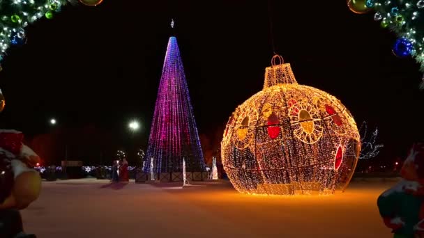 Pohon Natal Dan Bola Besar Dihiasi Dengan Hiasan Bola Lampu — Stok Video