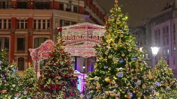 Árboles Navidad Decoraciones Guirnaldas Las Calles Ciudad Con Clima Nevado — Vídeo de stock