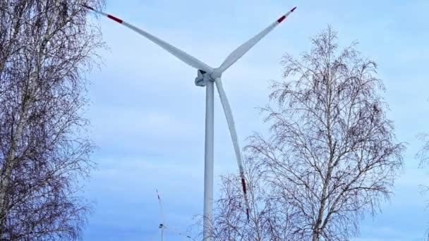 Turbina Eólica Uma Paisagem Nevada Com Névoa Matinal Inverno Cedo — Vídeo de Stock