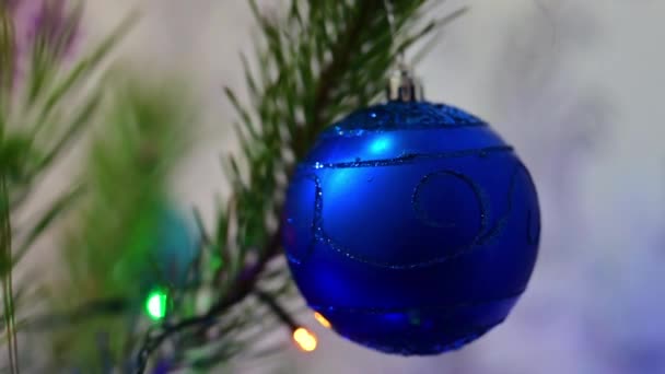 Weihnachtsbaum Mit Blauer Glaskugel Auf Fichtenzweig Auf Hintergrund Bokeh Von — Stockvideo