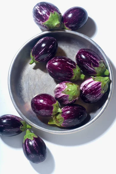 Baby Graffiti Eggplants White Background Top View — Foto Stock
