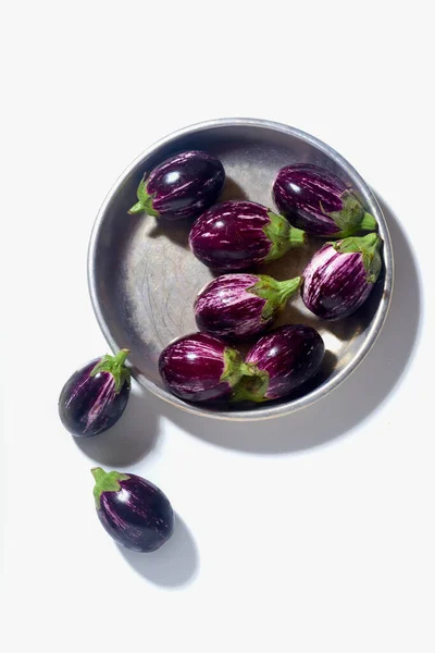 Baby Graffiti Eggplants White Background Top View — Foto Stock