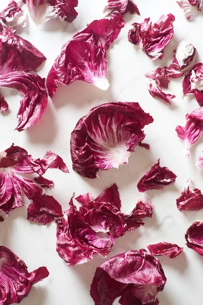 Fresh Radicchio Salad Leaves Arranged Marble Cooking Table View — Stock Photo, Image