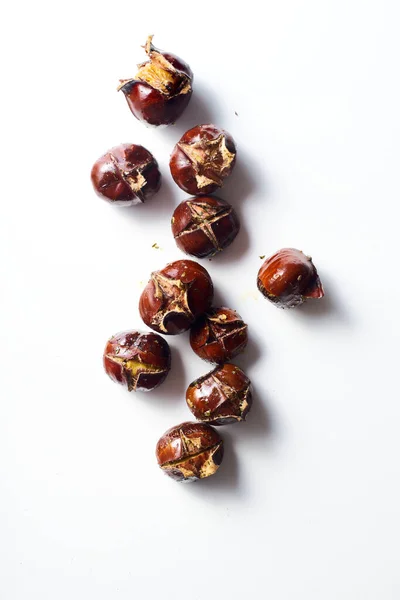 Flat Lay Roasted Chestnuts White Background — Stock Photo, Image