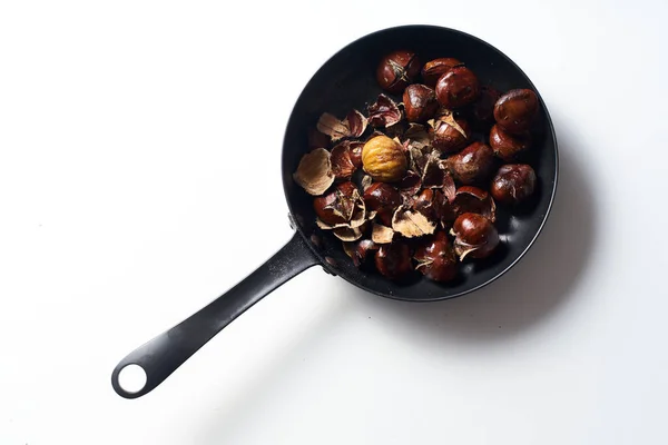 Top View Roasted Chestnuts Frying Pan — Stockfoto