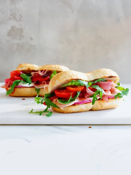 Tasty Sandwich Ham Mozarella Fresh Vegetables Simple Lunch Concept Copy — 图库照片