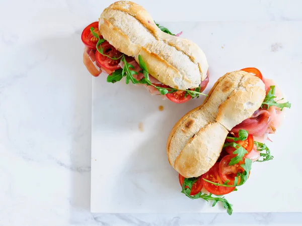 Flat Lay Tasty Sandwiches Ham Mozarella Fresh Vegetables Simple Lunch — Photo