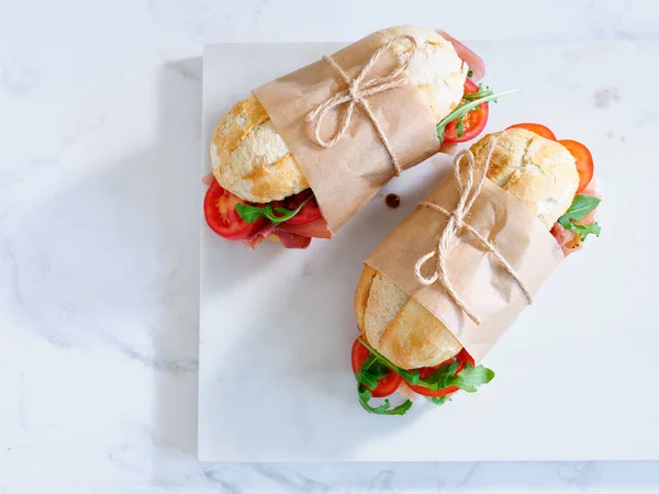 Flat Lay Tasty Sandwiches Ham Mozarella Fresh Vegetables Simple Lunch — Stock Photo, Image