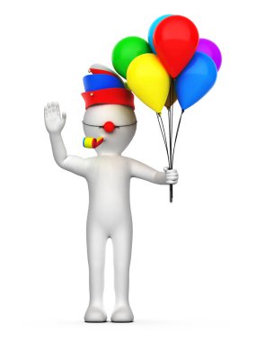 Beyaz karikatür karakteri renkli balonlar, karnaval şapkası ve kırmızı burunlu palyaço, beyaz arka planda izole edilmiş, 3 boyutlu