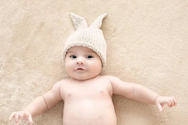 Top View Beautiful Baby Boy Two Months Old Lying Bed — Stock Photo, Image