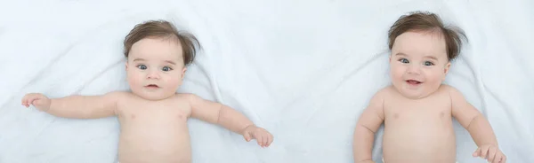 Колаж Двома Фото Милого Маленького Хлопчика Чотиримісячного Віку Лежить Блакитній — стокове фото