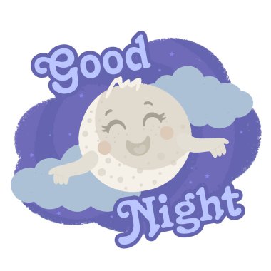 Gece gökyüzünde tatlı, uyuyan hilal şeklinde bir ay. Üstünde yazı var, iyi geceler..