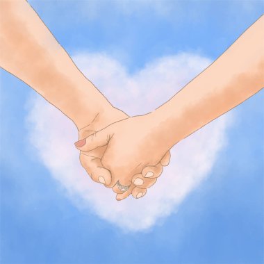 Kalp şeklinde bir bulutun önünde ellerini tutan çift.