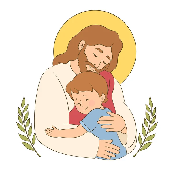 Jesús Abrazando Niño Pequeño Sintiendo Amor Cuidado Los Brazos Del — Archivo Imágenes Vectoriales