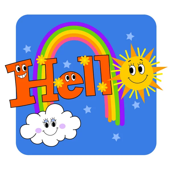 Renkli soyut gökkuşağı ve yüzlü güneşler. Moda illüstrasyonları.