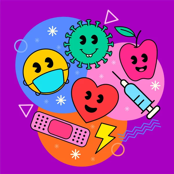 Çeşitli yamaların, iğnelerin, sağlığın, virüsün, aşkın el çizimi Vektör çizimleri.