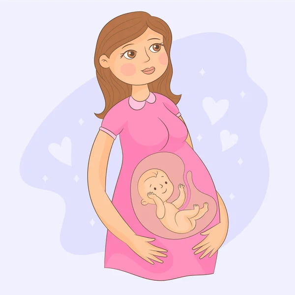 Jovem Mãe Esperando Bebê Tempo Gravidez Feto Útero —  Vetores de Stock