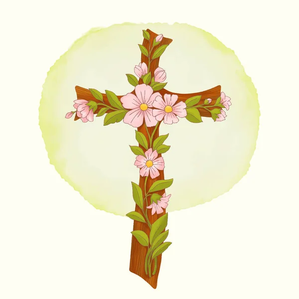 Cruz Con Ramo Símbolo Religioso Católico Pascua Arreglo Floral Primavera — Vector de stock