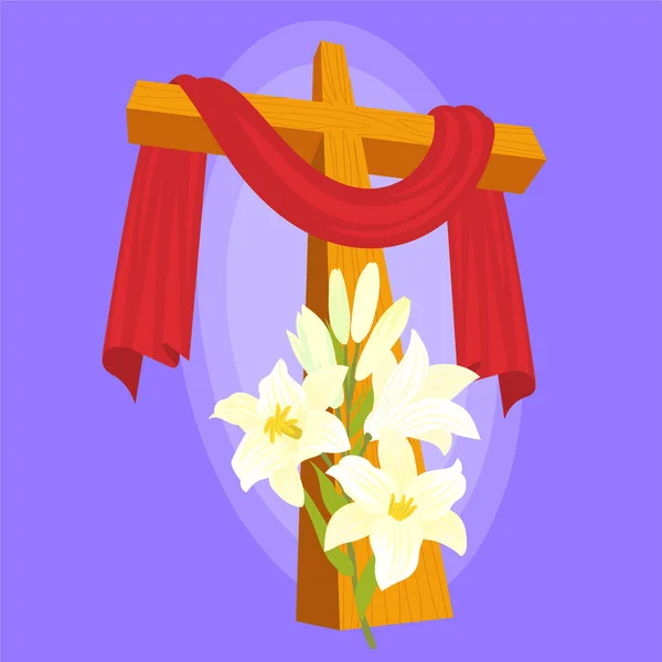 Houten Kruis Witte Lelie Heilige Week Tradities — Stockvector