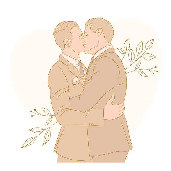 Two Gay Men Love Wedding Kissing — Stock Vector