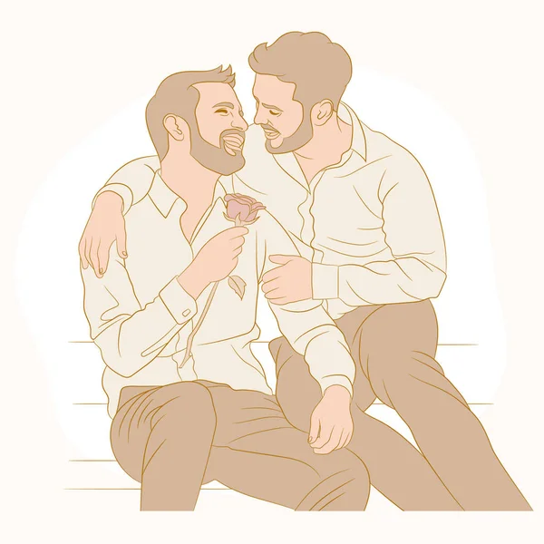 Aynı cinsiyet evliliği ve aşk kavramı. Kırmızı gül çiçekli mutlu eşcinsel çiftin el ele tutuşması.