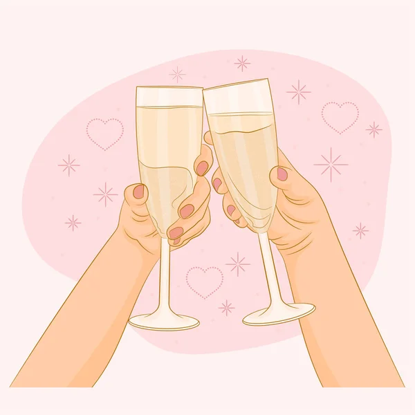 Hands Couple Clinking Glasses Sparkling Wine Celebrating Holiday Cheers Concept — Stock Vector