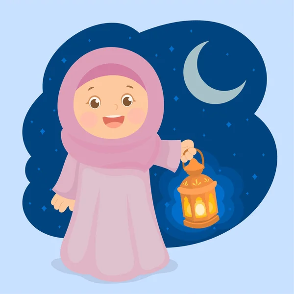 Ragazza Musulmana Che Tiene Mano Lanterna Celebrando Ramadan — Vettoriale Stock