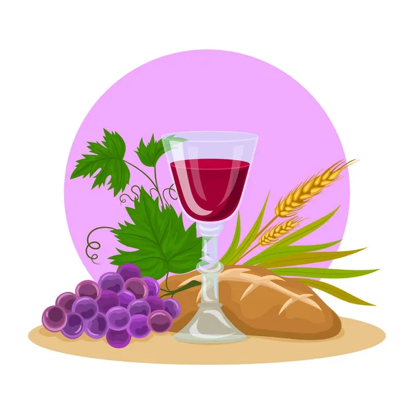 Cálice Pão Vinho Uvas Espigas Trigo Primeira Comunhão — Vetor de Stock