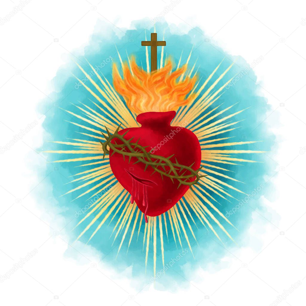 Sacred Heart of Jesus with rays on aqua color background