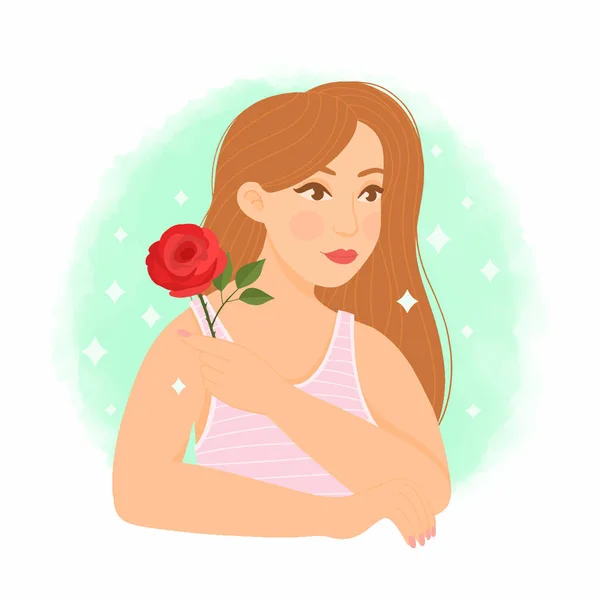バラの花でポーズをとる若い女性幸せな女性の日 — ストックベクタ