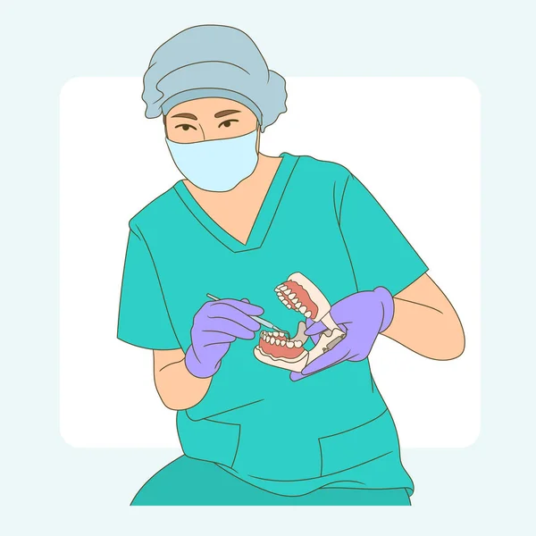 Kadın dişçi dişleri nasıl temizleyeceğini gösteriyor.