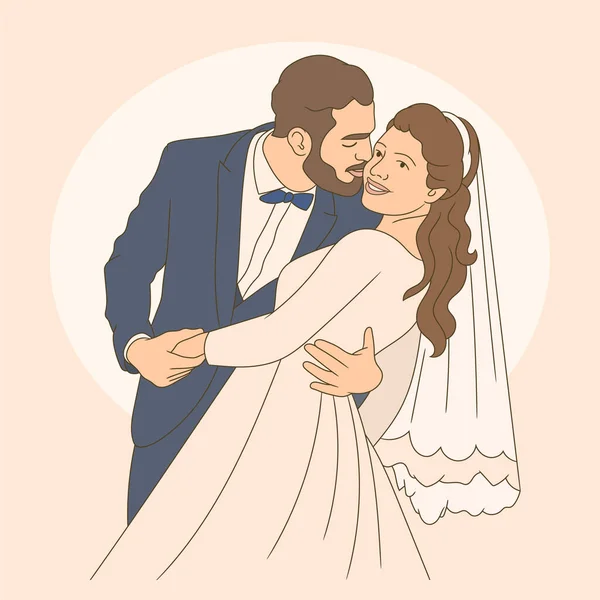 Jong Vrolijk Net Getrouwd Stel Eerste Ontmoeting Van Bruid Bruidegom — Stockvector