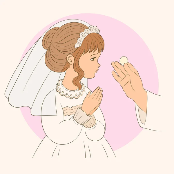 Petite Fille Reçoit Eucharistie Dans Première Journée Communion — Image vectorielle