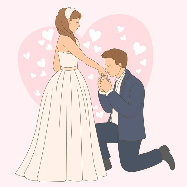 Groom Kneeling His Wife Kisses Brides Hand — Stock Vector