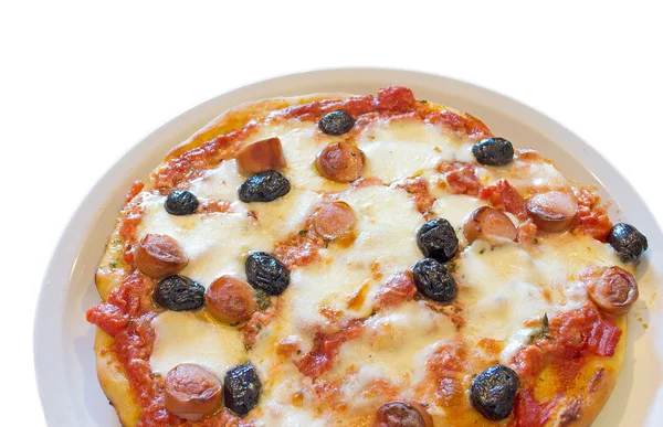 Pizza i kiełbaski — Zdjęcie stockowe