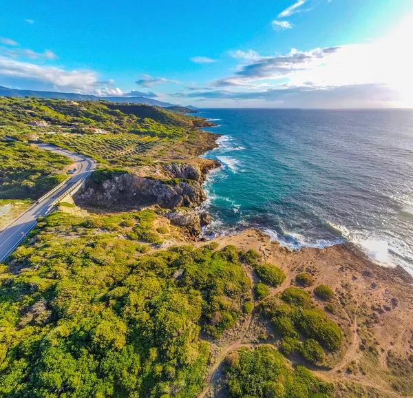 Vegetación Verde Rocas Costa Sur Alghero Atardecer Cerdeña Italia —  Fotos de Stock