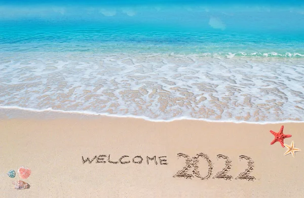 Bienvenue 2022 Écrit Sur Sable Bord Mer — Photo